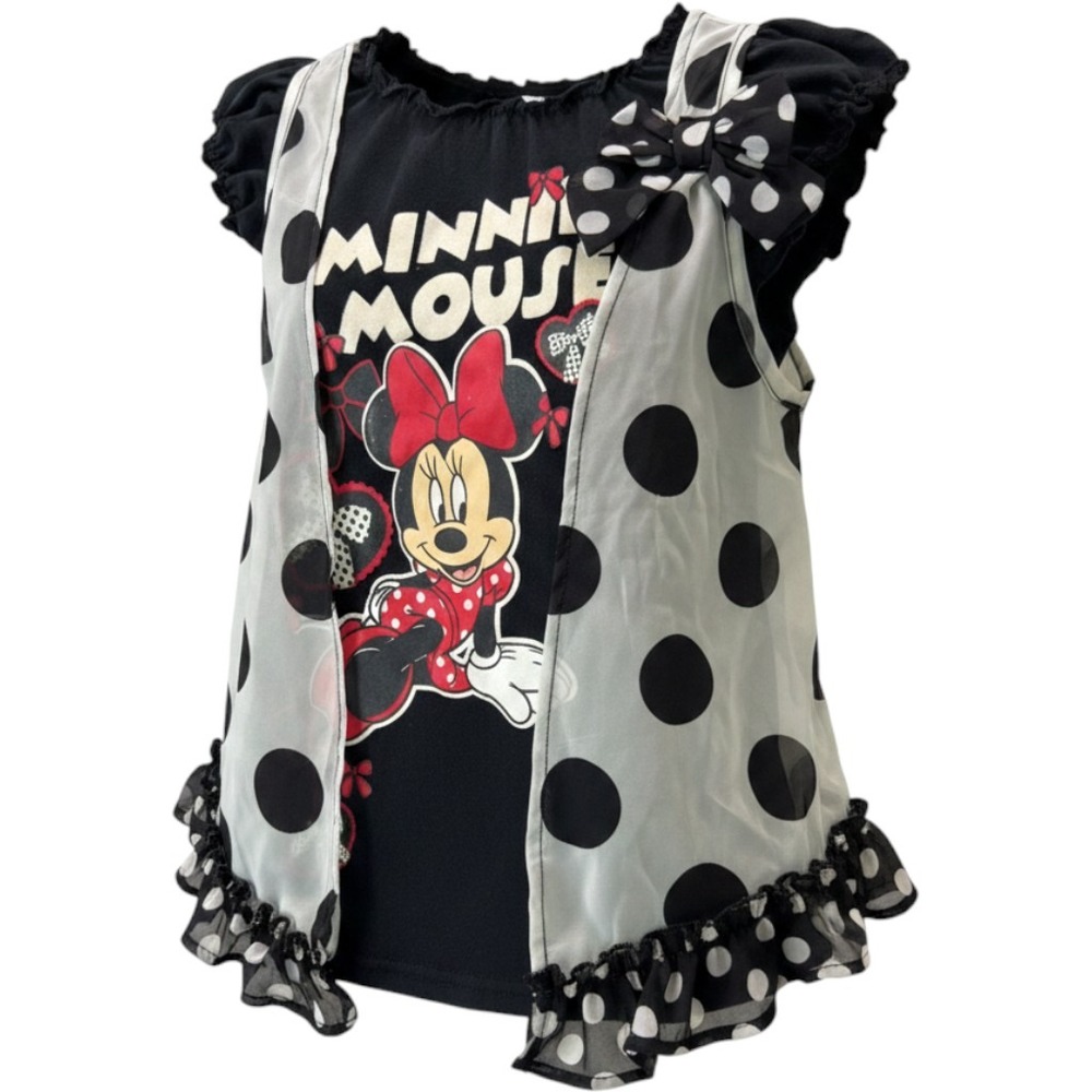 Disney Minnie Mouse Shirt Kids XS 4-5 Black Polka Dot Attached Vest Ruffle Bow